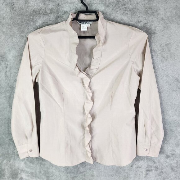 Womens Beige WinterSilks Ruffled Blouse Long Sleeve Silk & Cotton Blend Size L - Picture 2 of 10